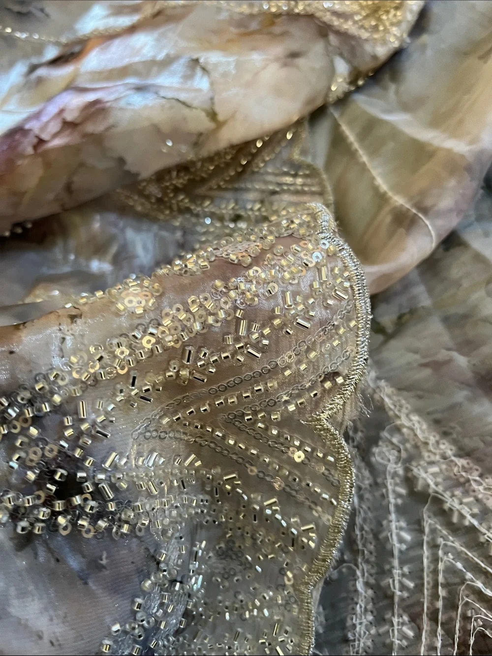 Unique Vintage Sheer Floral Scarf Wrap in Light Gray and Silver